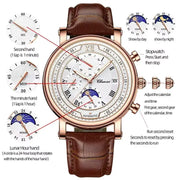 Chenxi 976 leather chronograph men's watch with moon phase, date window, rose-gold case and brown leather strap