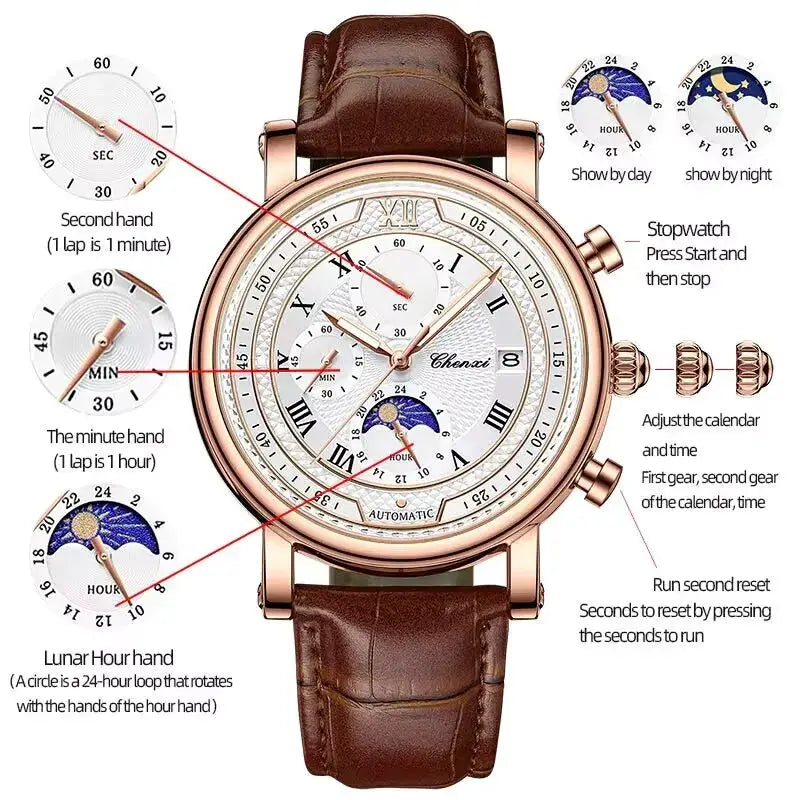 Chenxi 976 leather chronograph men's watch with moon phase, date window, rose-gold case and brown leather strap