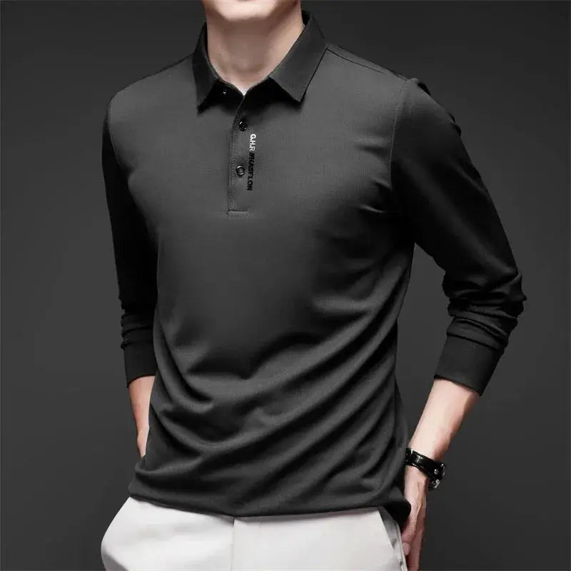 Men's business casual long-sleeve polo shirt, solid black with badge on placket, Simples Market