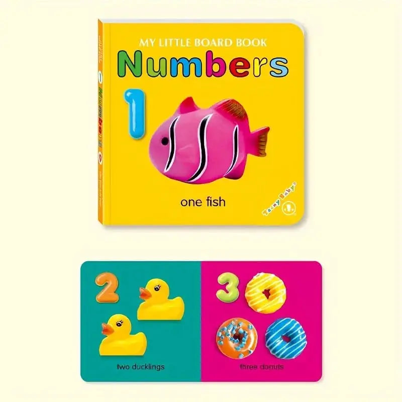 Colorful numbered board book with bright yellow cover and pink fish, plus teal and pink two-page spread with ducklings