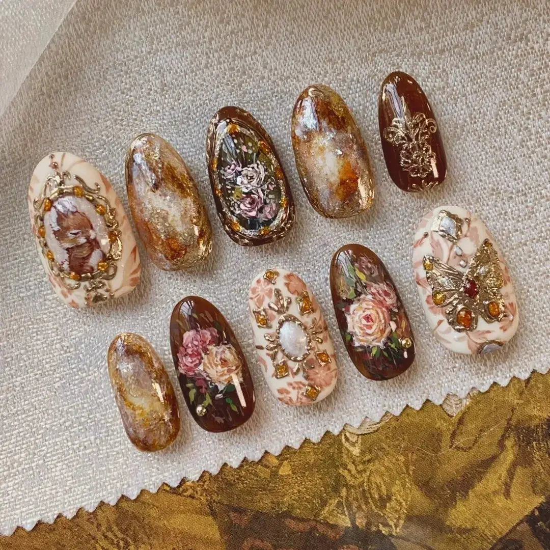 Spicy Girl Flower Print Press On Nails 24Pcs Wine Red Blush Almond Wearable Reusable False Nail Tips For Summer