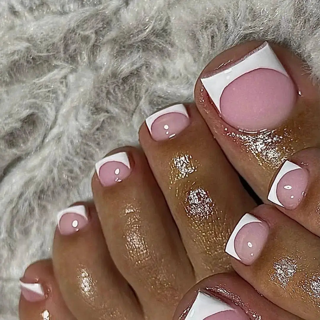 GlamNails 120Pcs Short Square Toenail Tips Pink French White Edge Gel Press On Toenails Salon Quality At Home