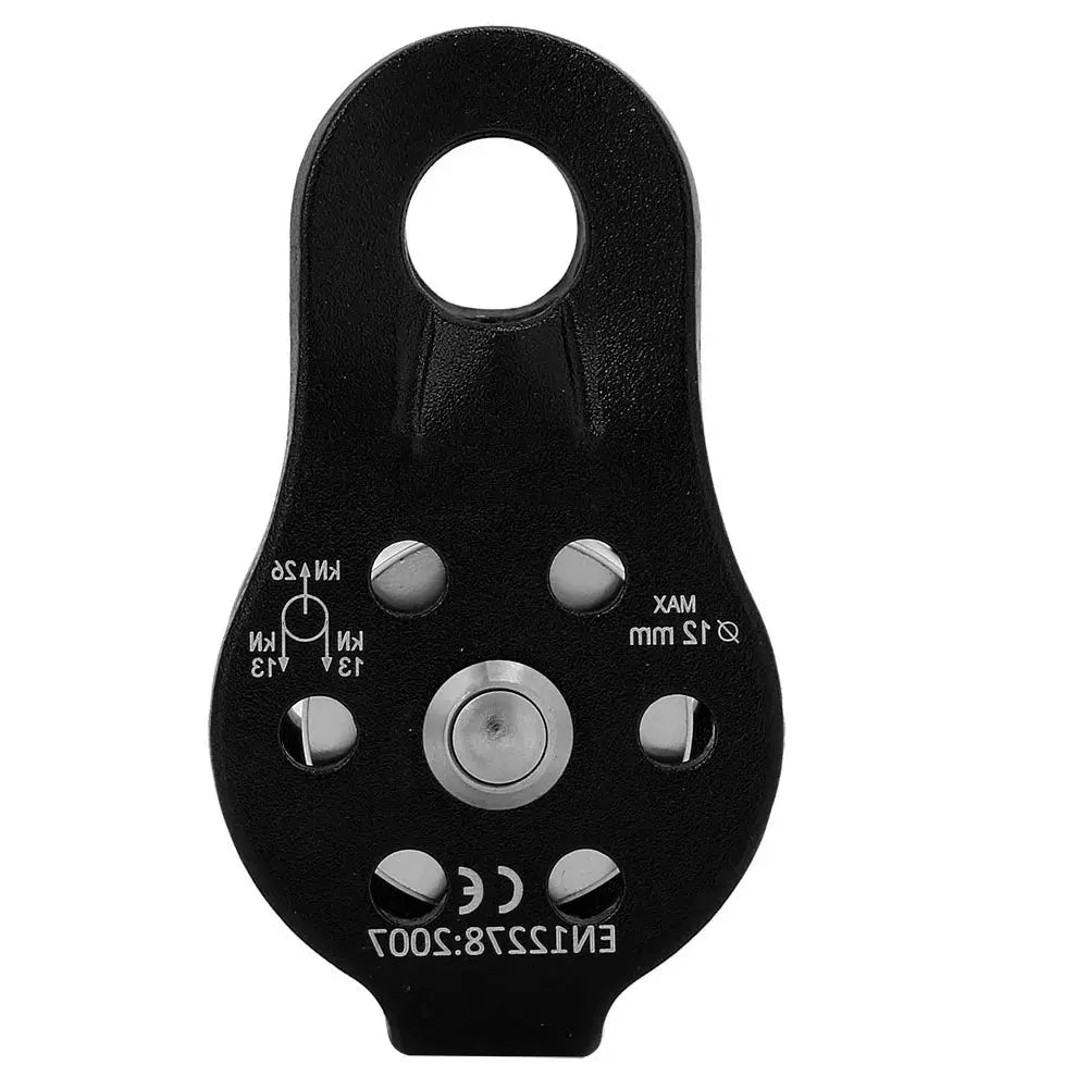 Black aluminium alloy single swivel rope pulley block for 12mm rope, heavy-duty climbing pulley.