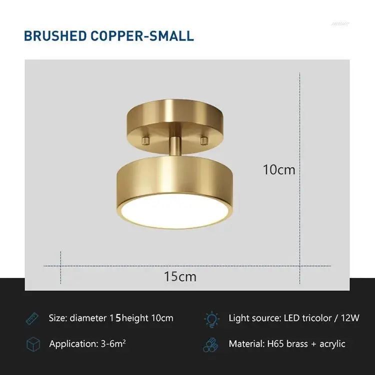 LED ceiling light fixture in brushed copper, small round design, 15 cm diameter 10 cm height