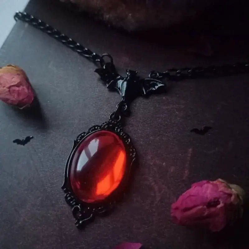 Gothic Blood Red Quartz Charm Necklace With Oval Pendant For Women Halloween Vampire Embossed Witch Jewelry Vintage Chokers - Simples Market