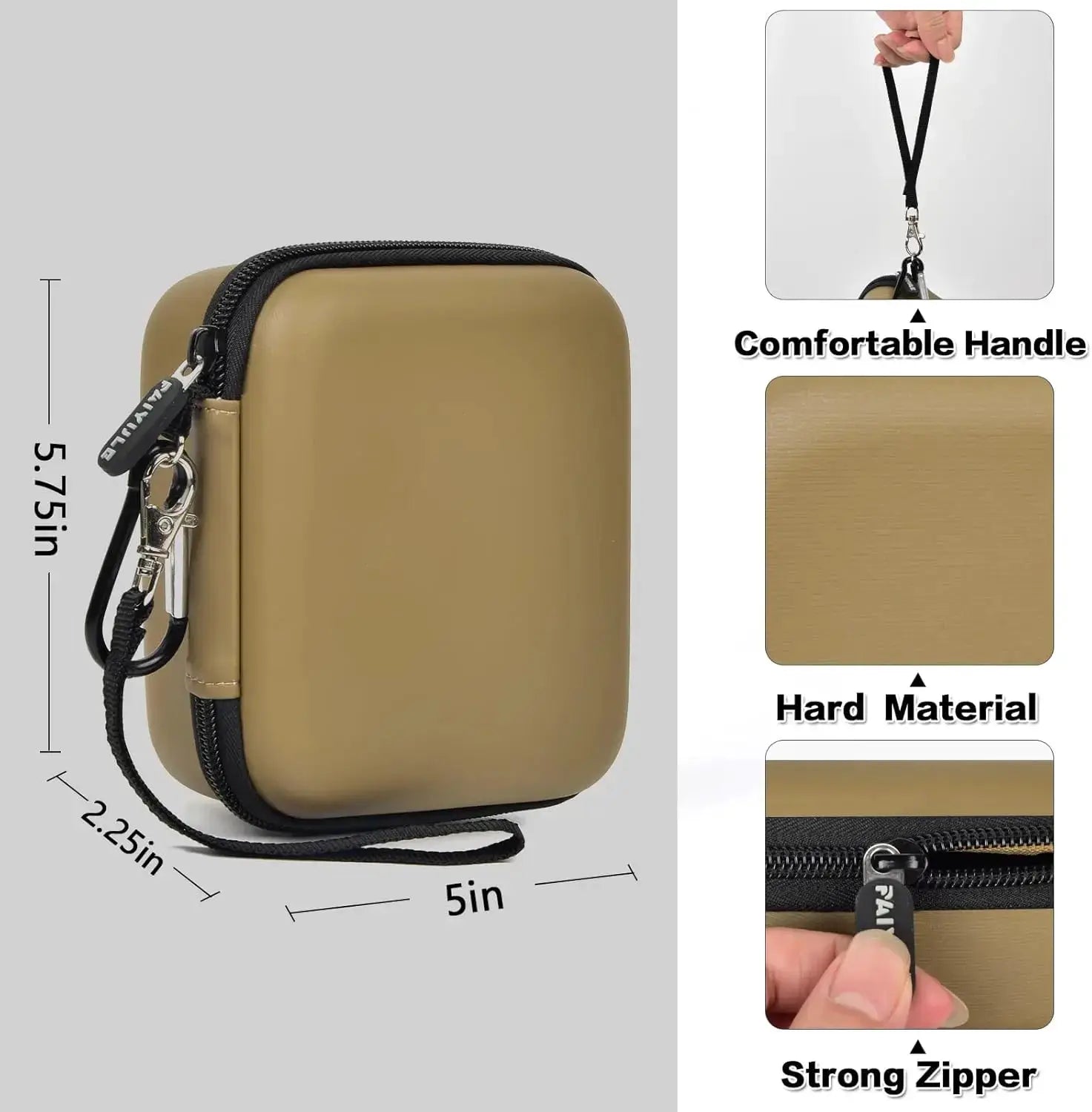 Storage case for Garmin Xero C1 Pro/Xero C2 Chronograph by Simples Market; tan hard-shell with black zipper and strap
