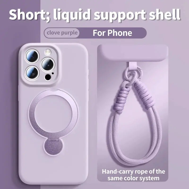 iPhone silicone case with built-in ring grip and matching lilac lanyard