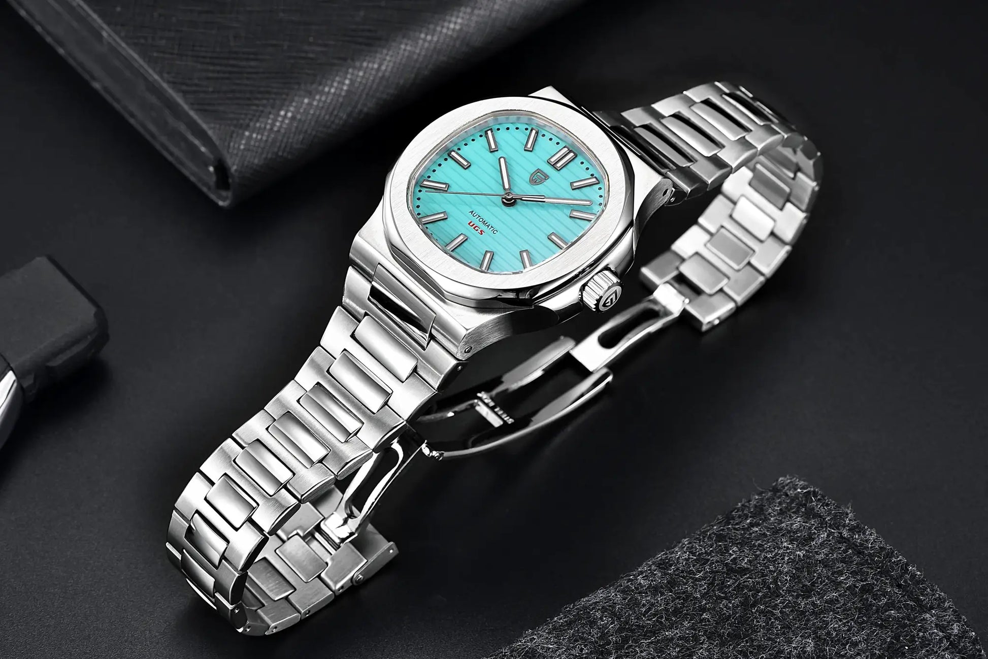Pagani Design 40mm men's stainless steel automatic watch with turquoise dial and sapphire crystal