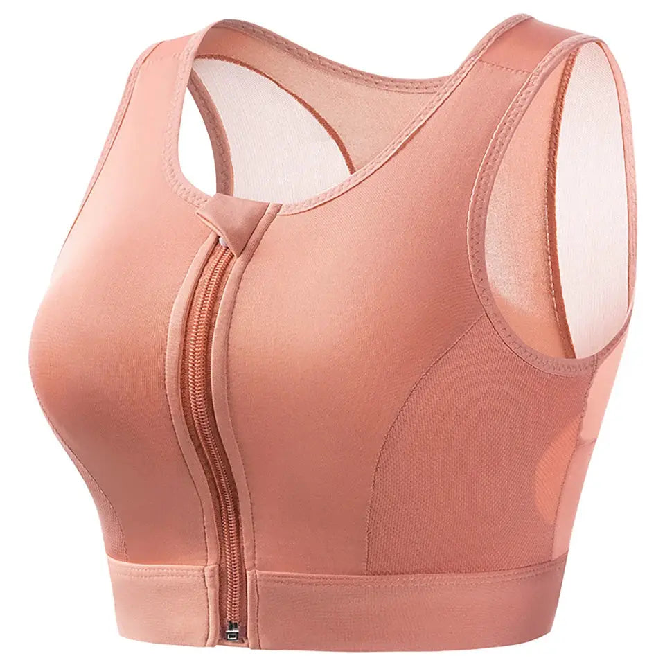 Plus-size front-closure padded longline sports bra in peach with front zipper by Simples Market