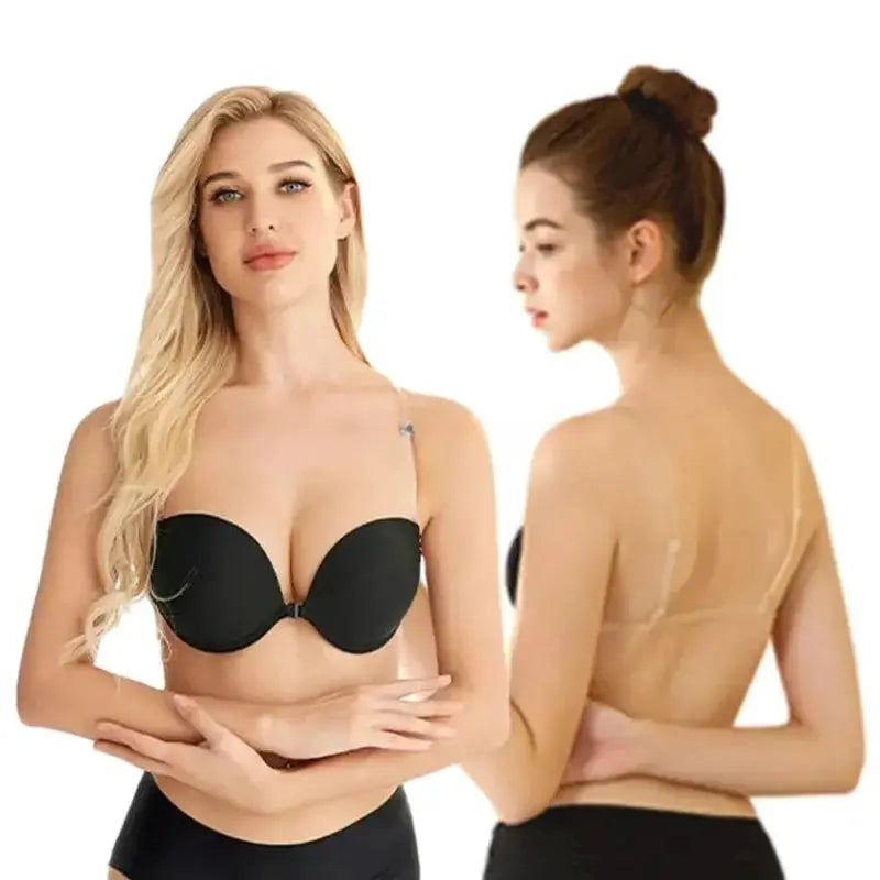 Multiway Backless Push-Up Bra with removable transparent straps in black, shown front and back.