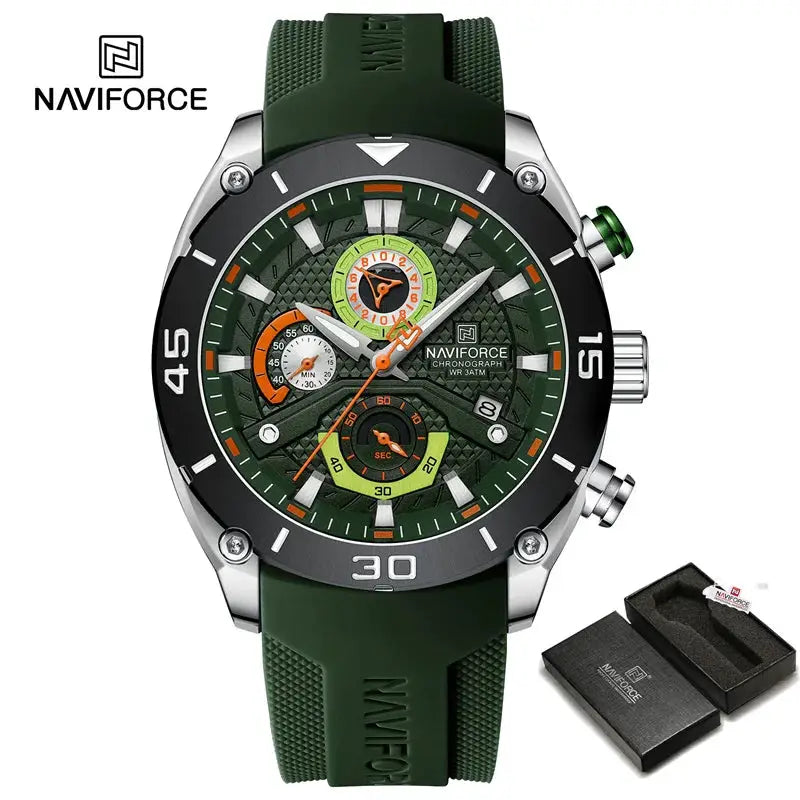 NAVIFORCE men's sport chronograph watch with green dial, luminous hands, and green silicone strap; comes with presentation box