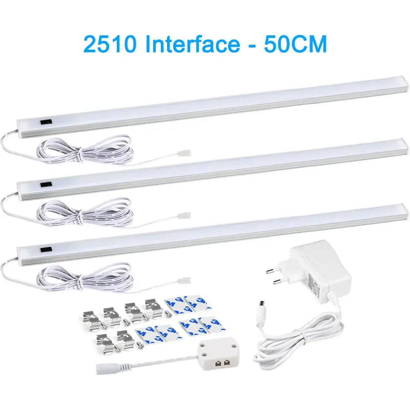 LED under-cabinet light bars set: four white 50cm strips with switches, power adapter, mounting clips