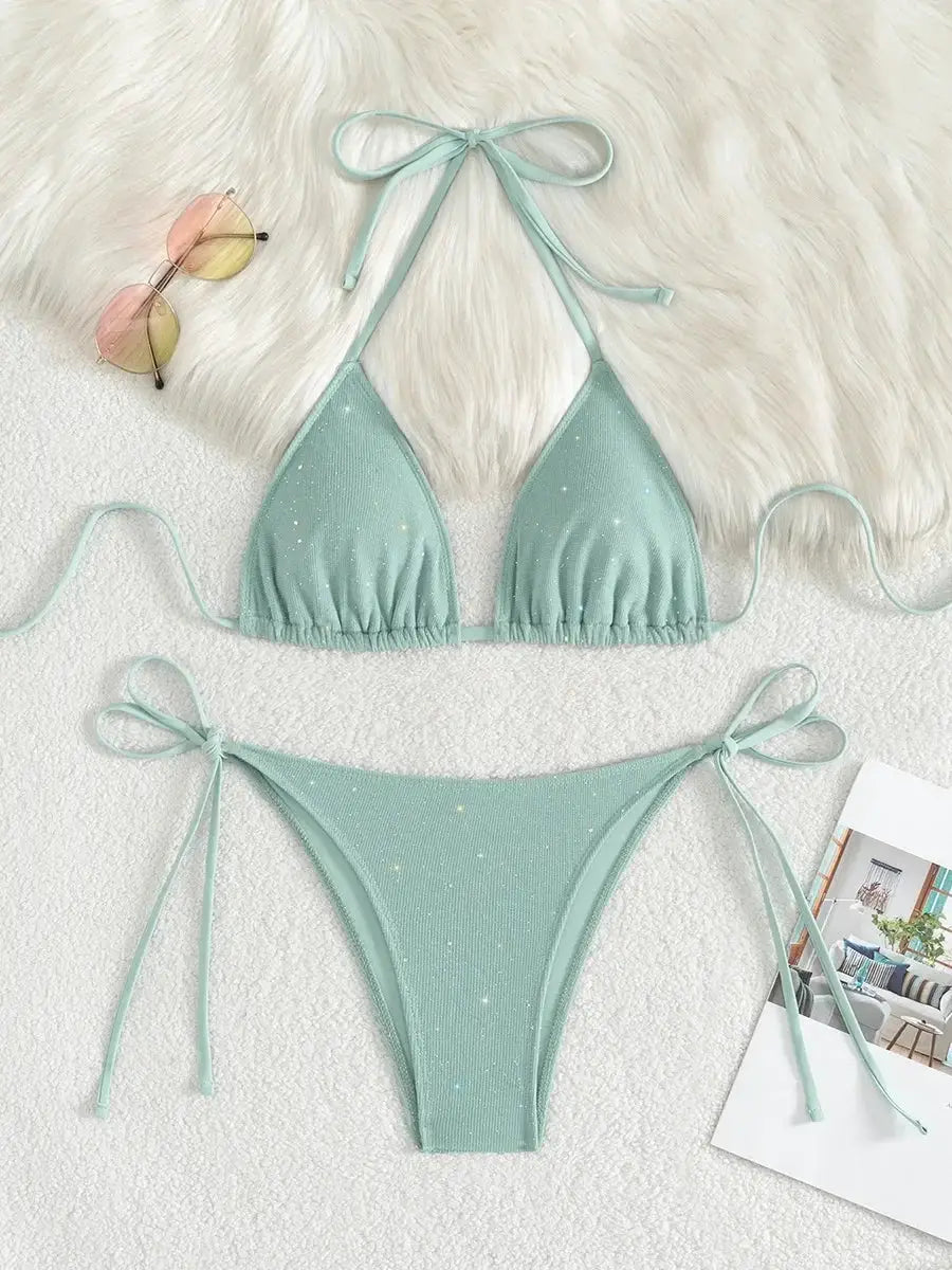Shiny Halter Strappy Bikini Set High Cut Two Pieces Women Swimwear 2025 Bathing Suit