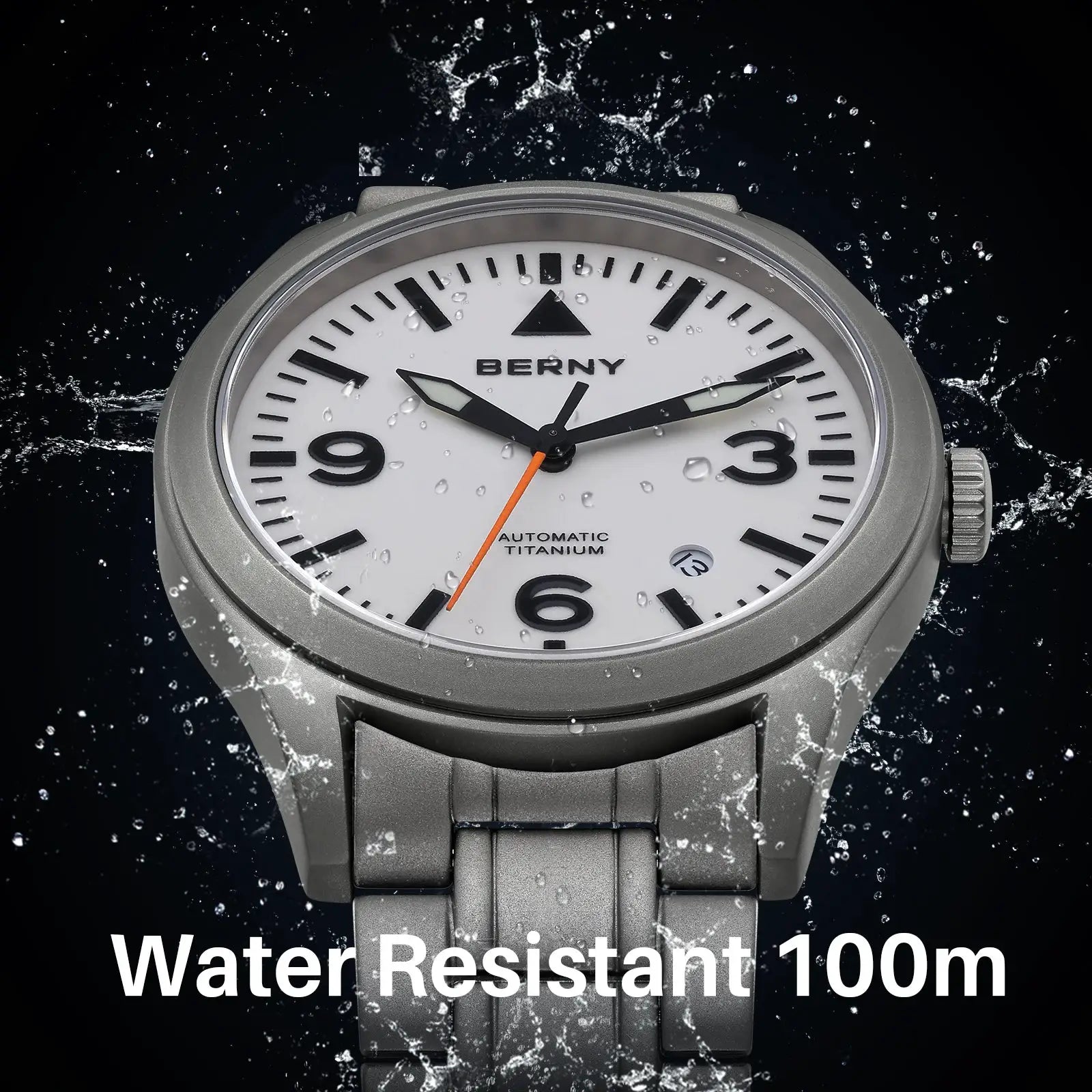 BERNY titanium aviation watch with white dial, black markers, orange second hand; 100m water resistant