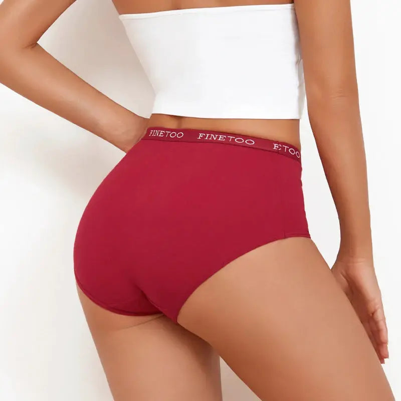 Women's red high-waist cotton seamless panties with Finetoo waistband.