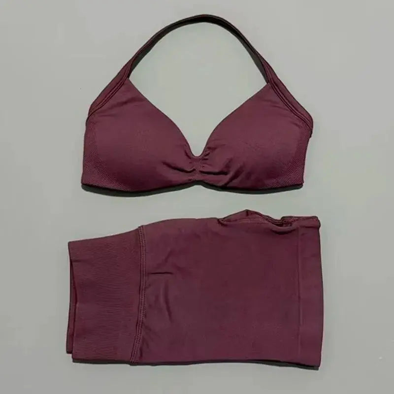Histello 2 Piece Women Yoga Set Strappy Bra Top Scrunch Shorts