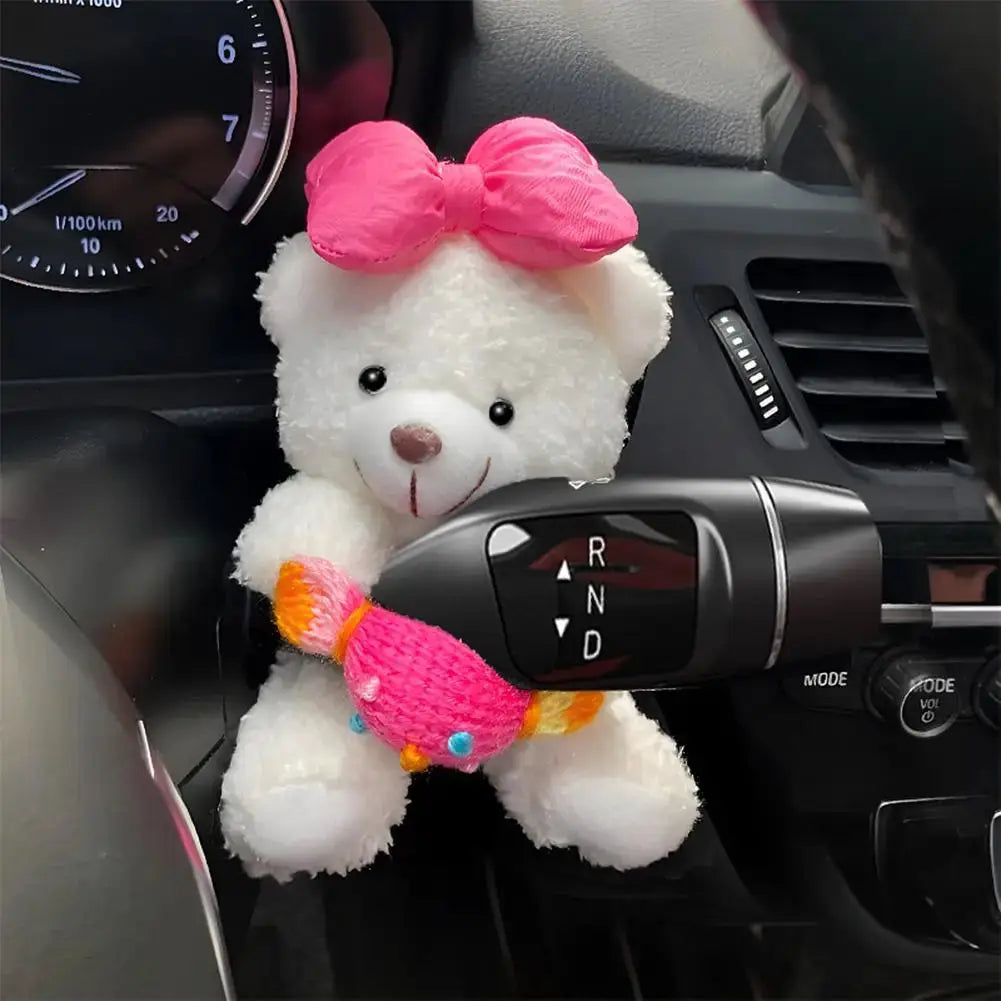 Pilot Bear plush car ornament by Simples Market with pink bow and colorful scarf