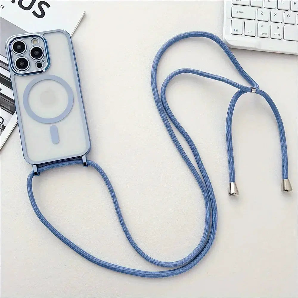 Blue crossbody lanyard phone case for iPhone with MagSafe ring and braided fabric cord