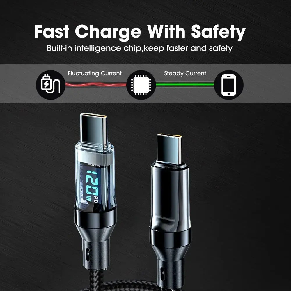 Two NNBILI USB-C to USB-A charging cables with LED display, 100W/120W, braided black, not for Xiaomi iPhone Samsung