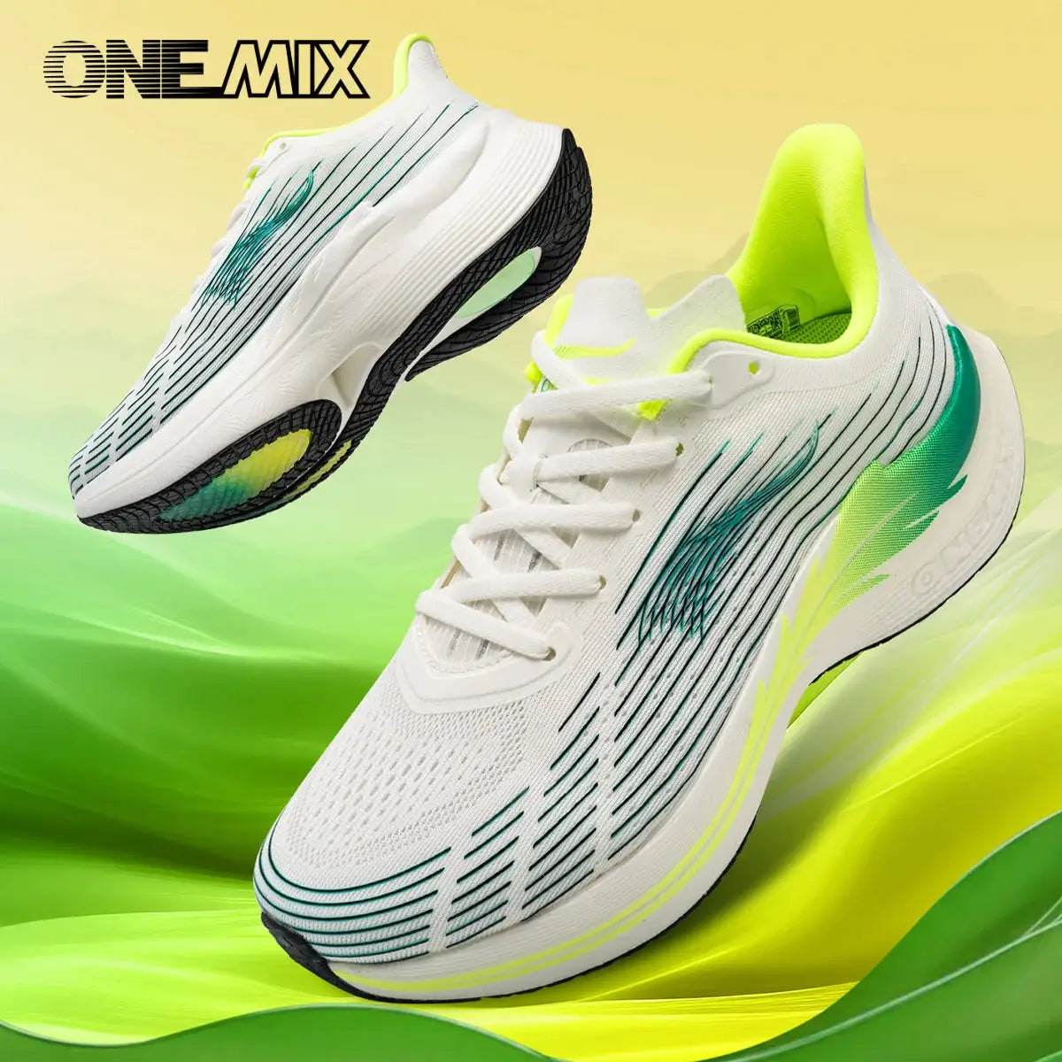 Onemix running shoes pair in white with neon lime accents and teal detailing