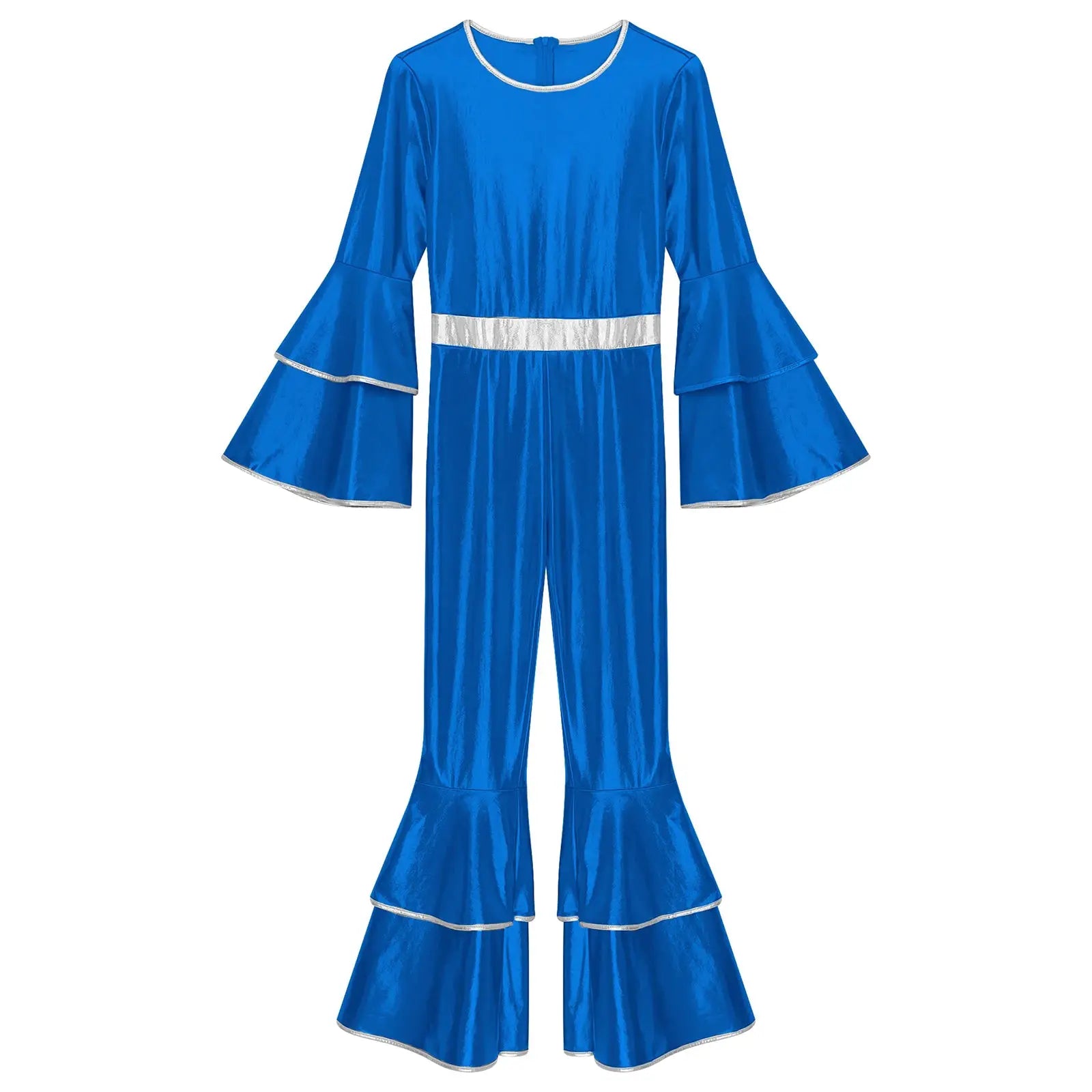 Blue metallic disco jumpsuit with bell flare sleeves and silver waist belt by Simples Market