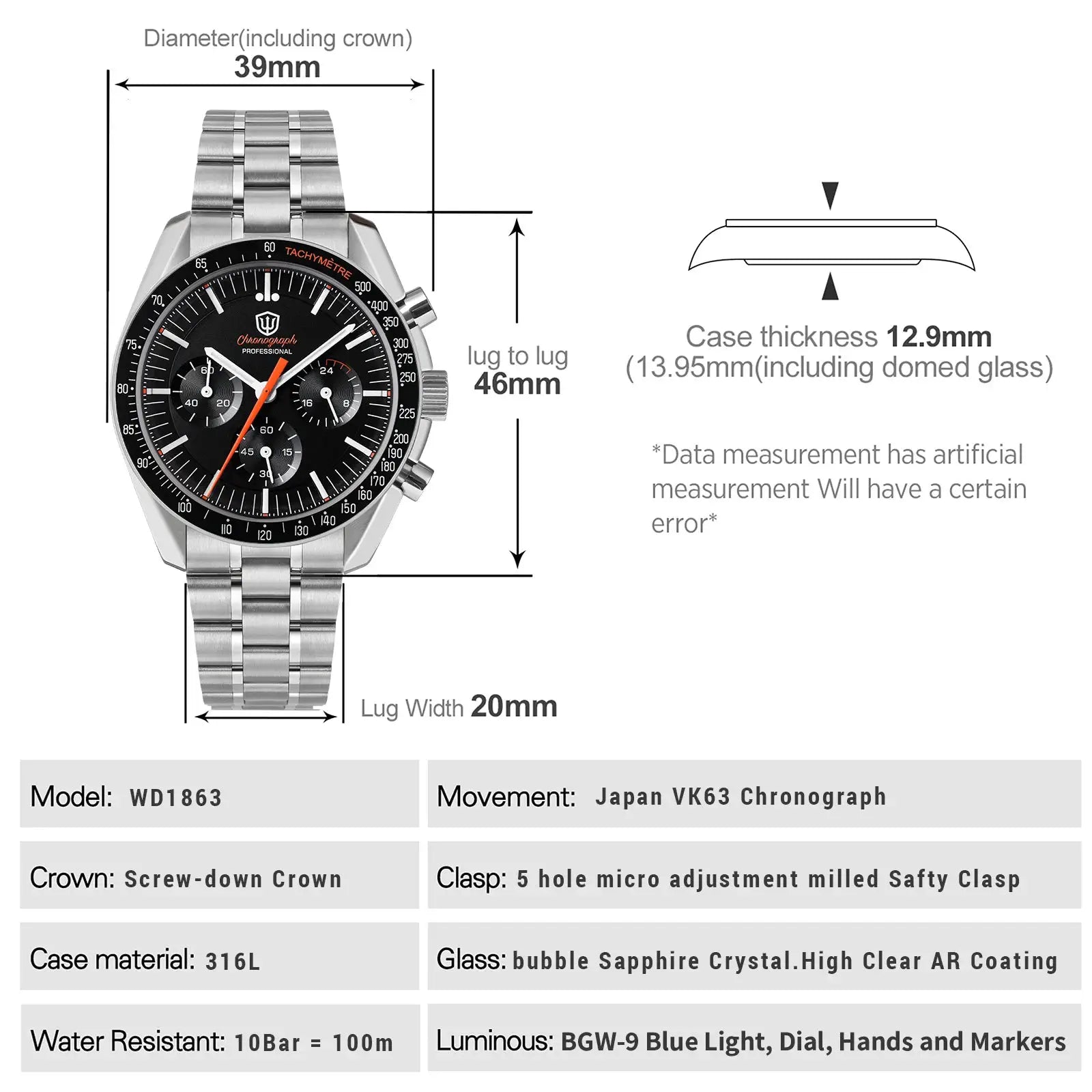 WD1863 chronograph watch with stainless steel case and bracelet, sapphire crystal