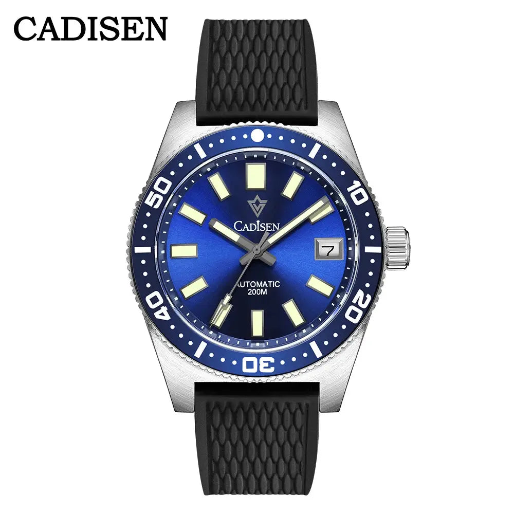 CADISEN men's 38mm diver watch with blue dial and bezel, automatic, date, luminous markers, black textured rubber strap