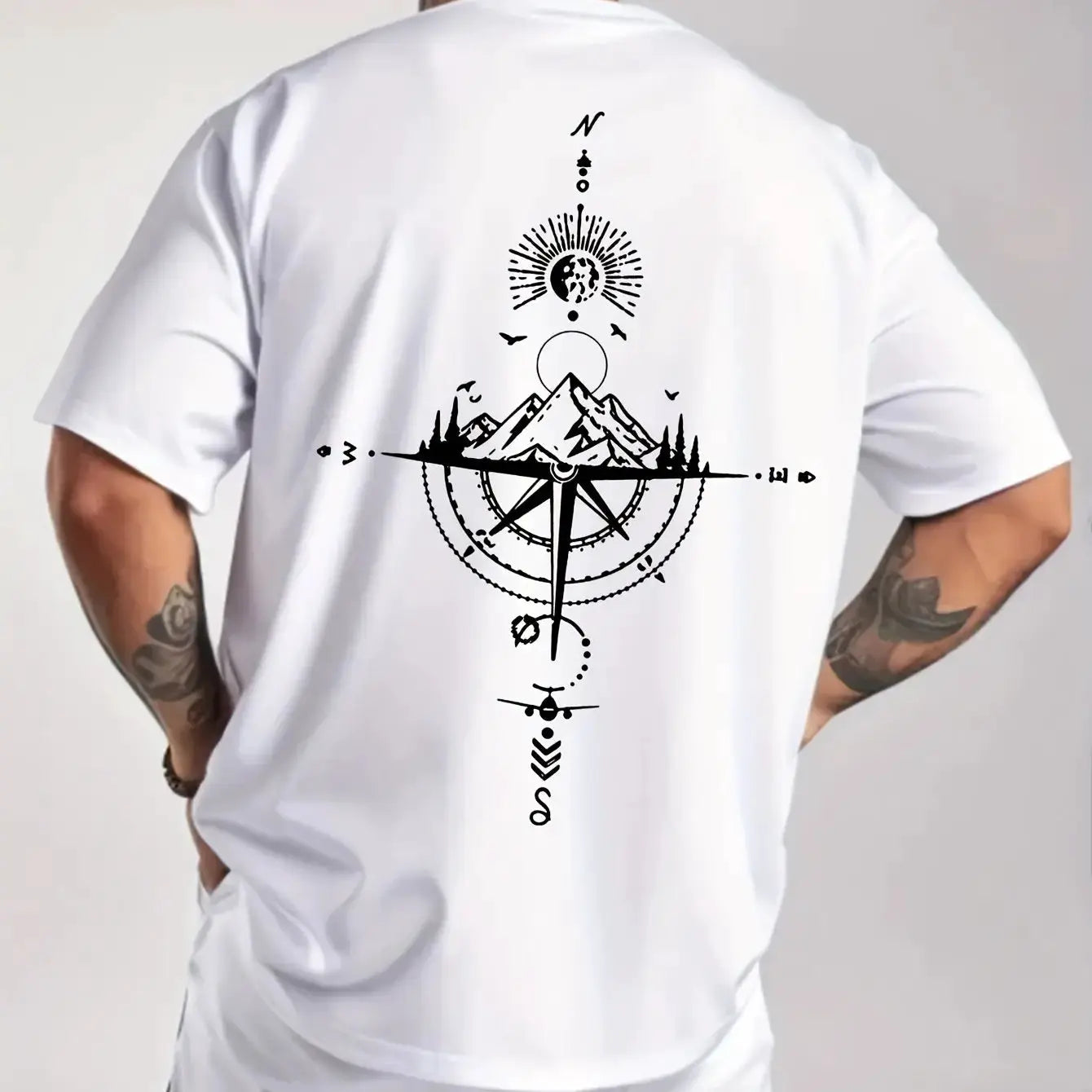 Mens 100 Percent Cotton Summer Casual T Shirt Loose Oversized Retro Compass Print Round Neck Short Sleeve