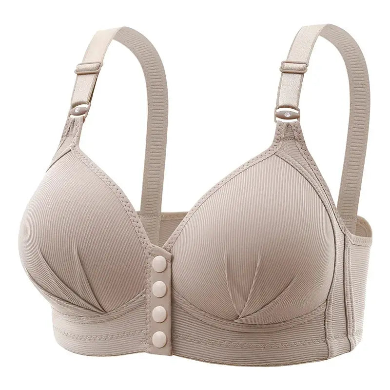 Nude front-buckle push-up bra, large size, adjustable straps, breathable ribbed cups
