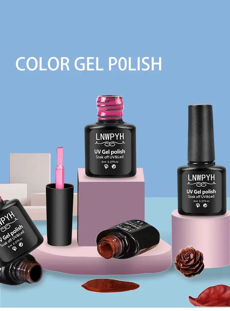 Nail gel polish kit with 4 LNWPYH UV gel polish bottles and manicure tools