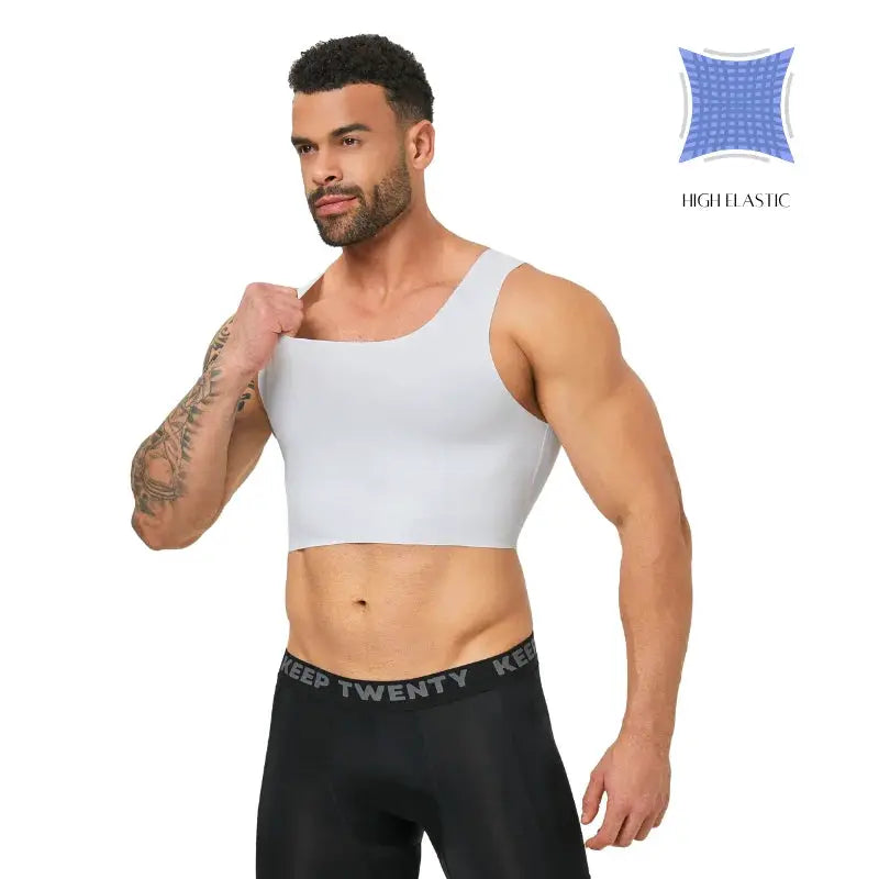 Men's seamless shaping short vest, sleeveless; white, slim fit, high-elastic breathable fabric