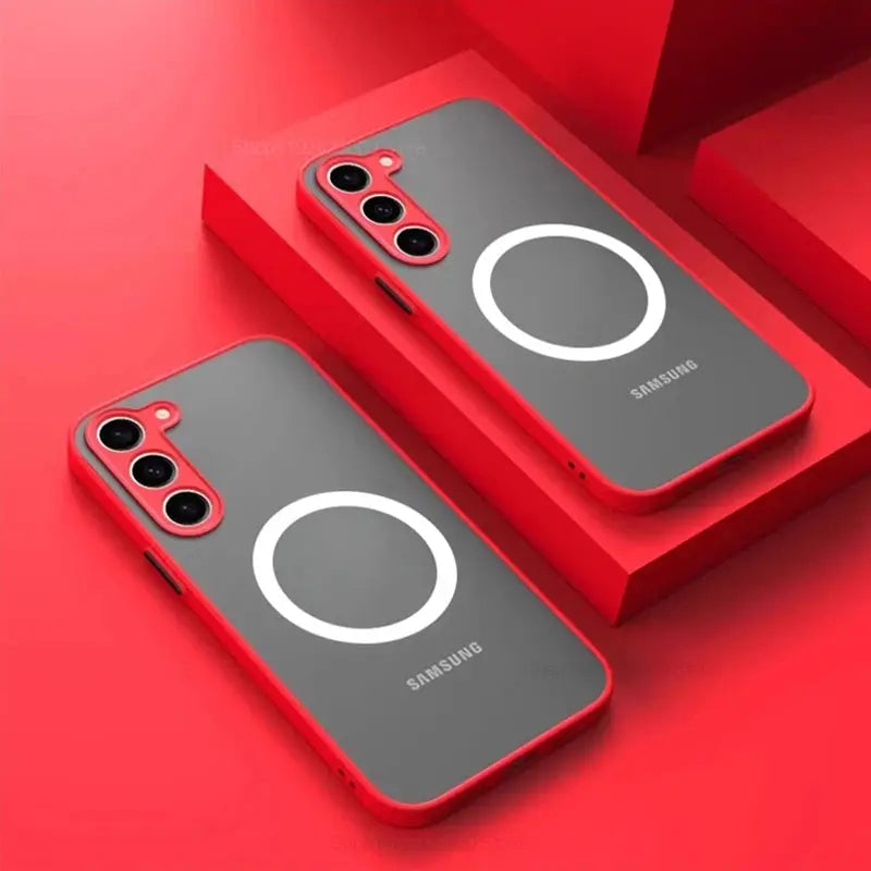 Simples Market Samsung Galaxy S25/S26 Ultra Plus Armor case; frosted grey back, red bumper, magnetic wireless ring, 2-pack