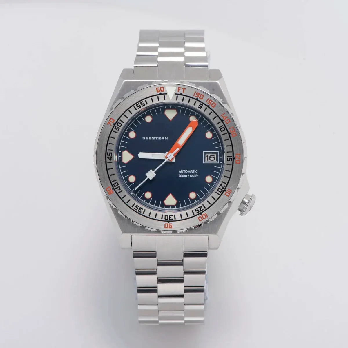 SEESTERN SUB600T Diver Watch with stainless steel bracelet, blue dial, orange hands, automatic, 200m water resistant