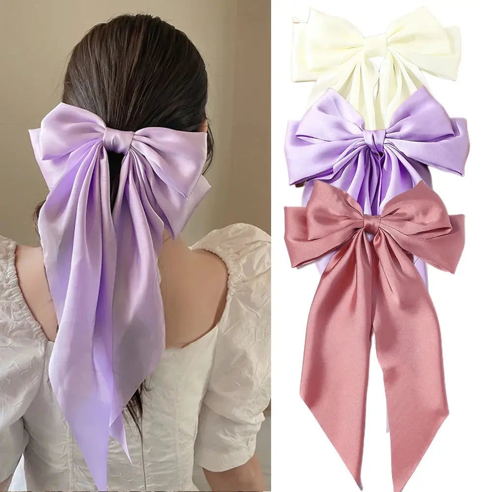 Korean Satin Bowknot Hair Clip For Women And Girls Long Ribbon Solid Color Barrette Hair Accessory