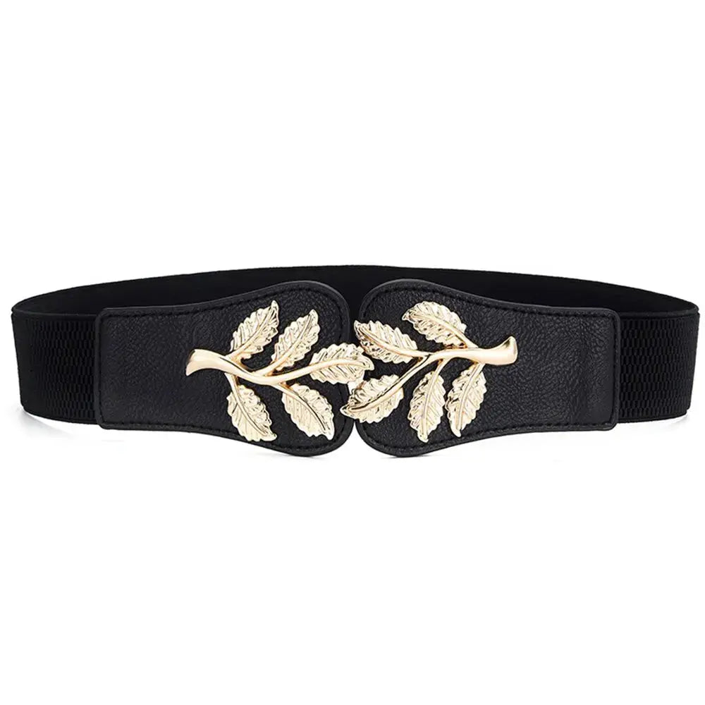 Aurora Women's Elastic Waist Belt With Gold Leaf Closure And Double Hook Buckle With Elegant Secure Fit