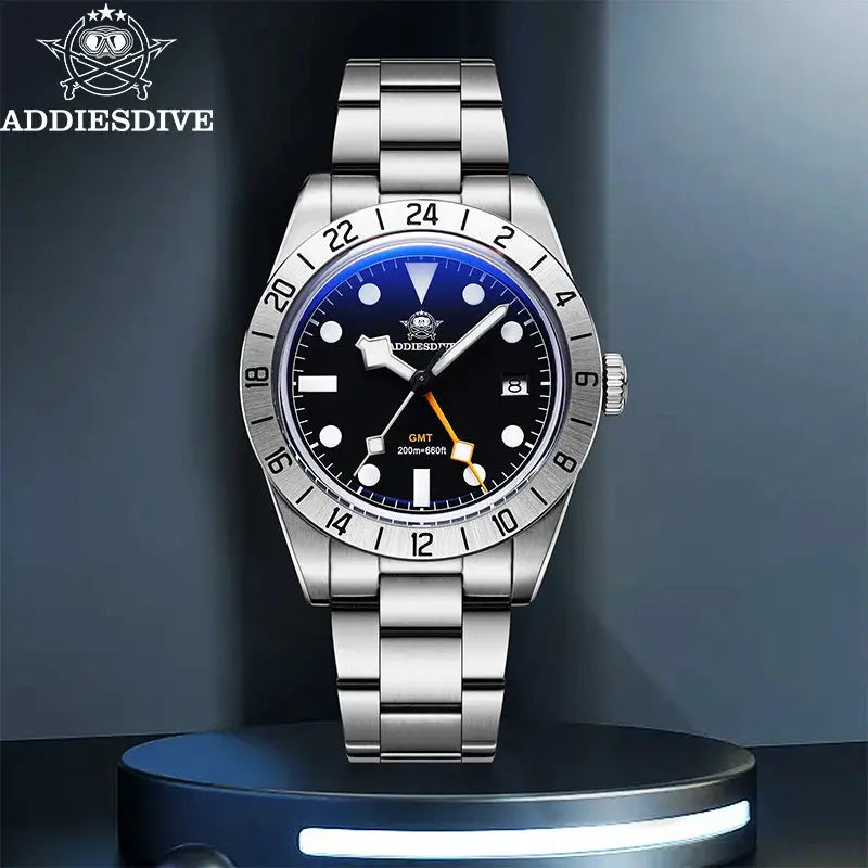 ADDIESDIVE stainless steel GMT watch with blue dial, 39mm case and bracelet