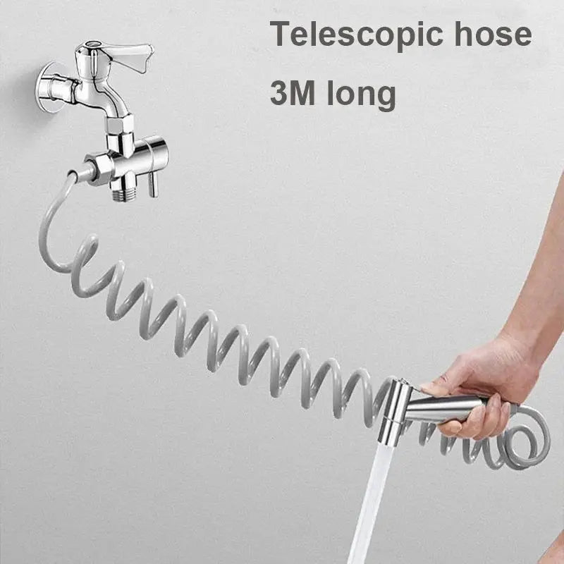 Brass 3-Way Diverter Bidet Sprayer Kit with stainless steel nozzle and 3m telescopic hose by Simples Market