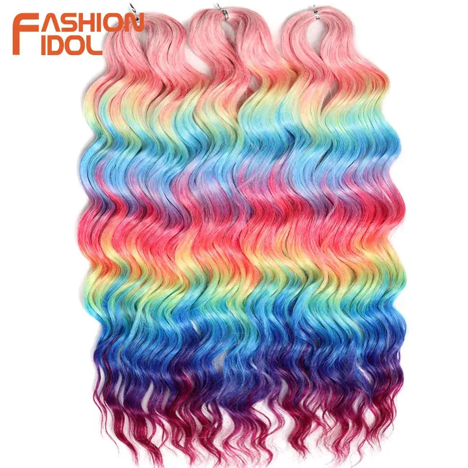 Anna Hair synthetic loose deep wave braiding extensions, 24in rainbow ombre water wave, 4-pack