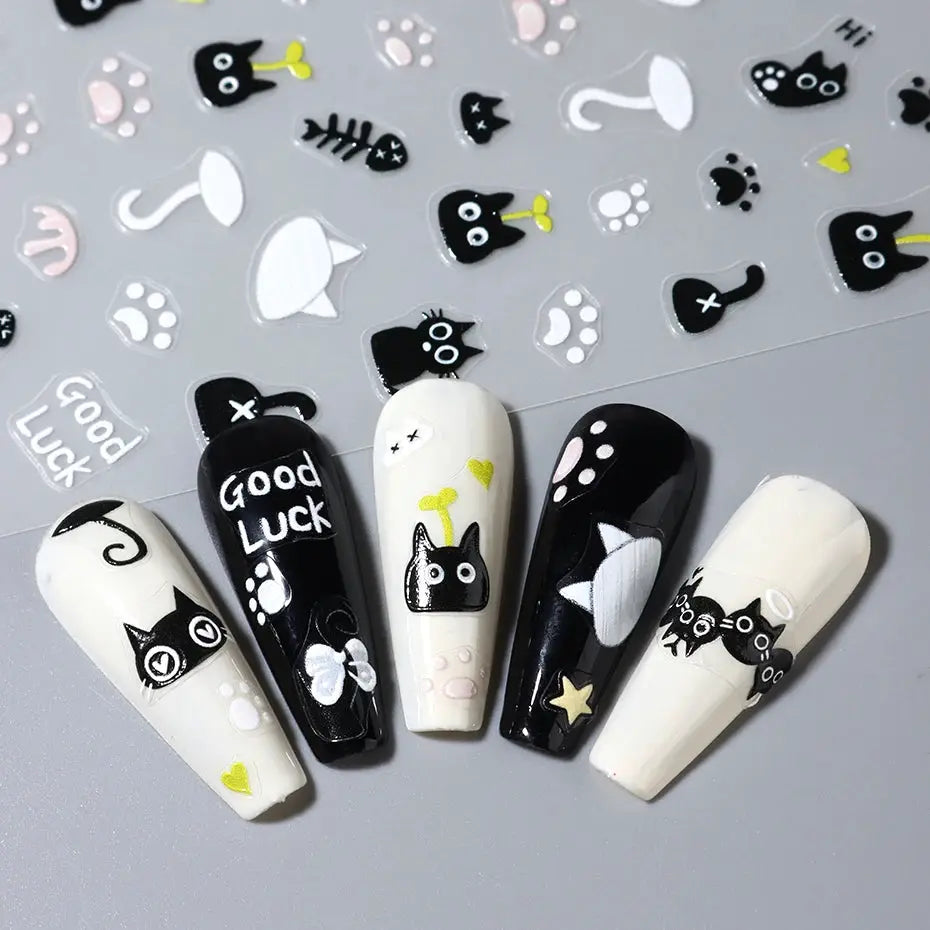 2pcs Black Cat Nail Stickers by Simples Market, 3D self-adhesive cartoon nail decals for manicure