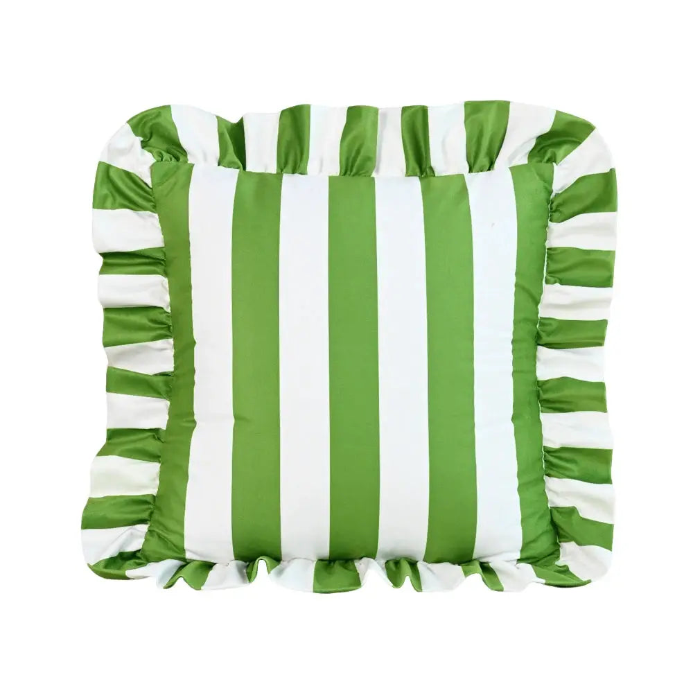 Pillowcase striped green and white lace velvet, 18x18 inches, ruffled edges