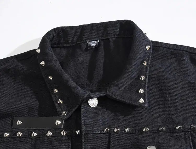 Rivet denim vest for men with silver studs, sleeveless slim-fit black jean jacket; Simples Market