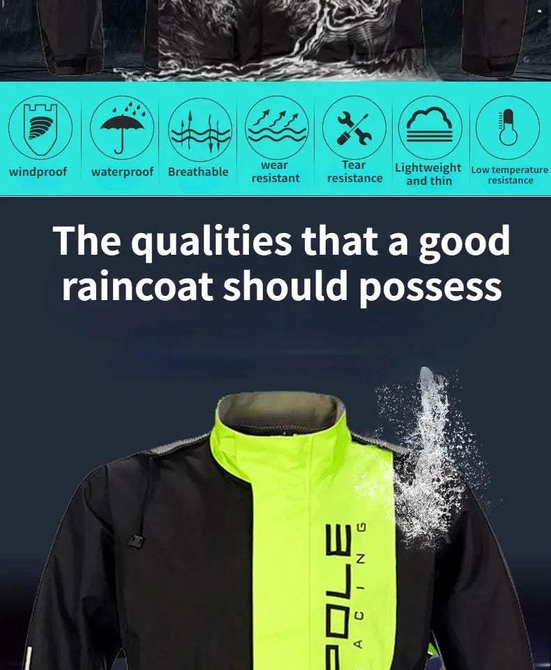 POLE motorcycle raincoat with neon yellow center panel and black sleeves, breathable, waterproof, reflective