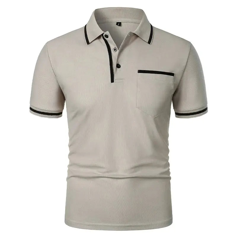 Simples Market beige men's short-sleeve polo with black trim and chest pocket.