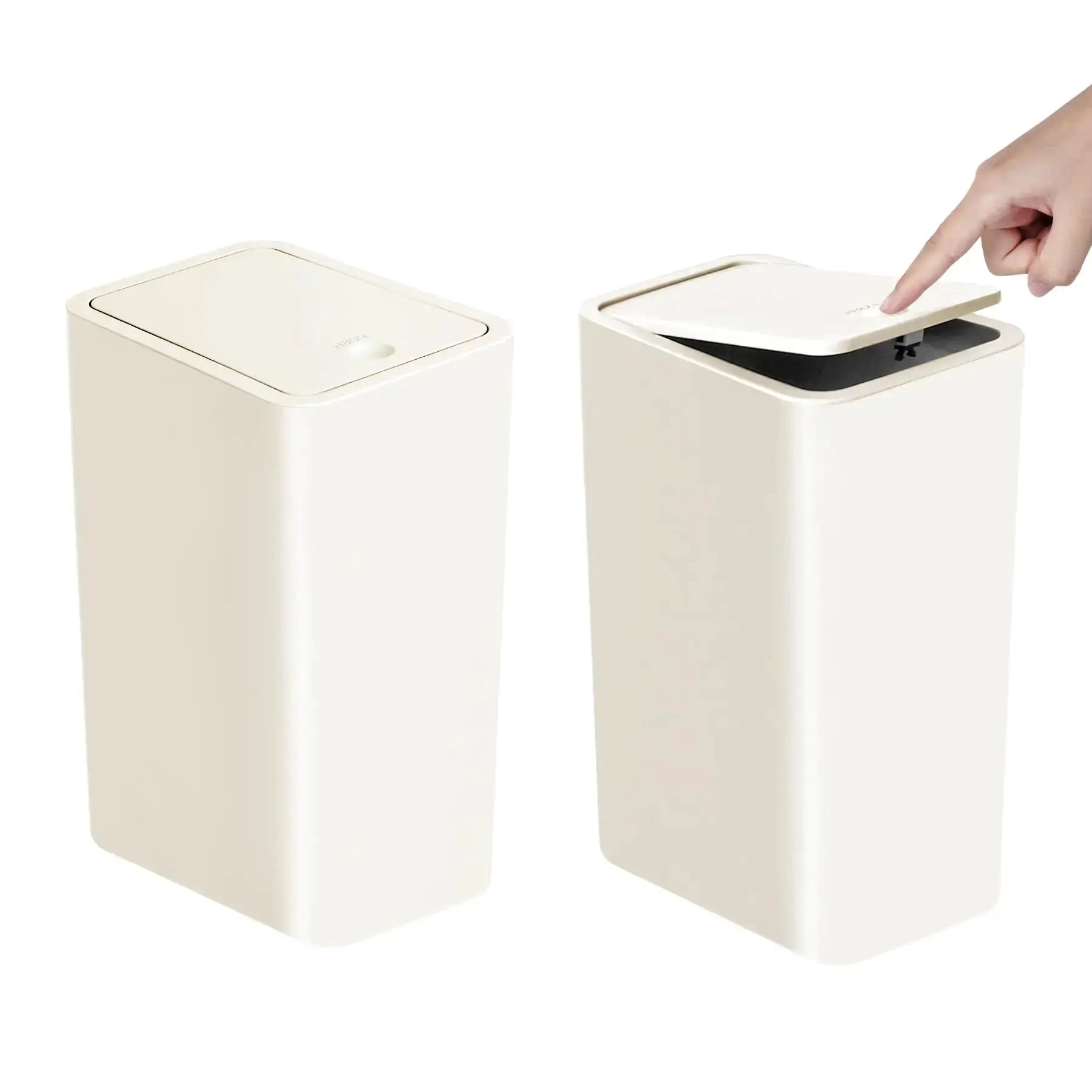Two white plastic bathroom trash cans with pop-up lids; compact 10L wastebaskets.