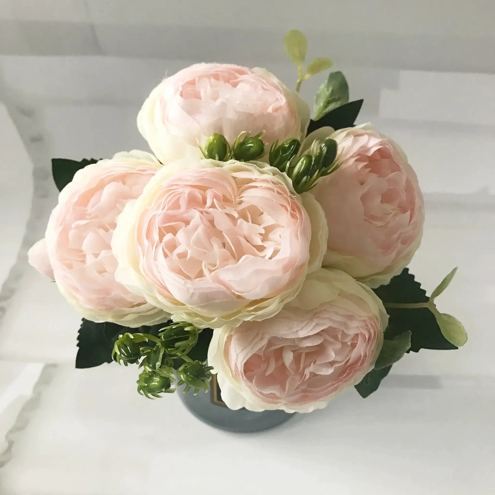 Pink silk peony bouquet, 30cm artificial flowers with 5 large heads and 4 buds, green foliage