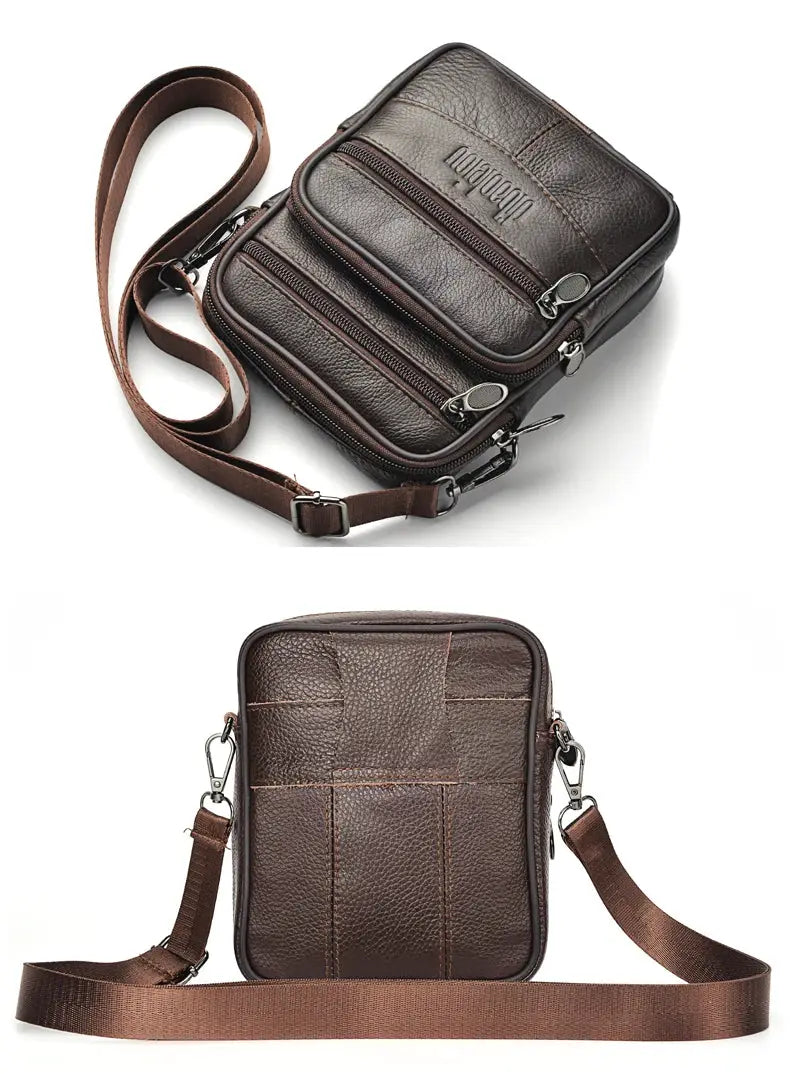 Men's genuine leather crossbody bag by Simples Market, brown with multiple zipper pockets.