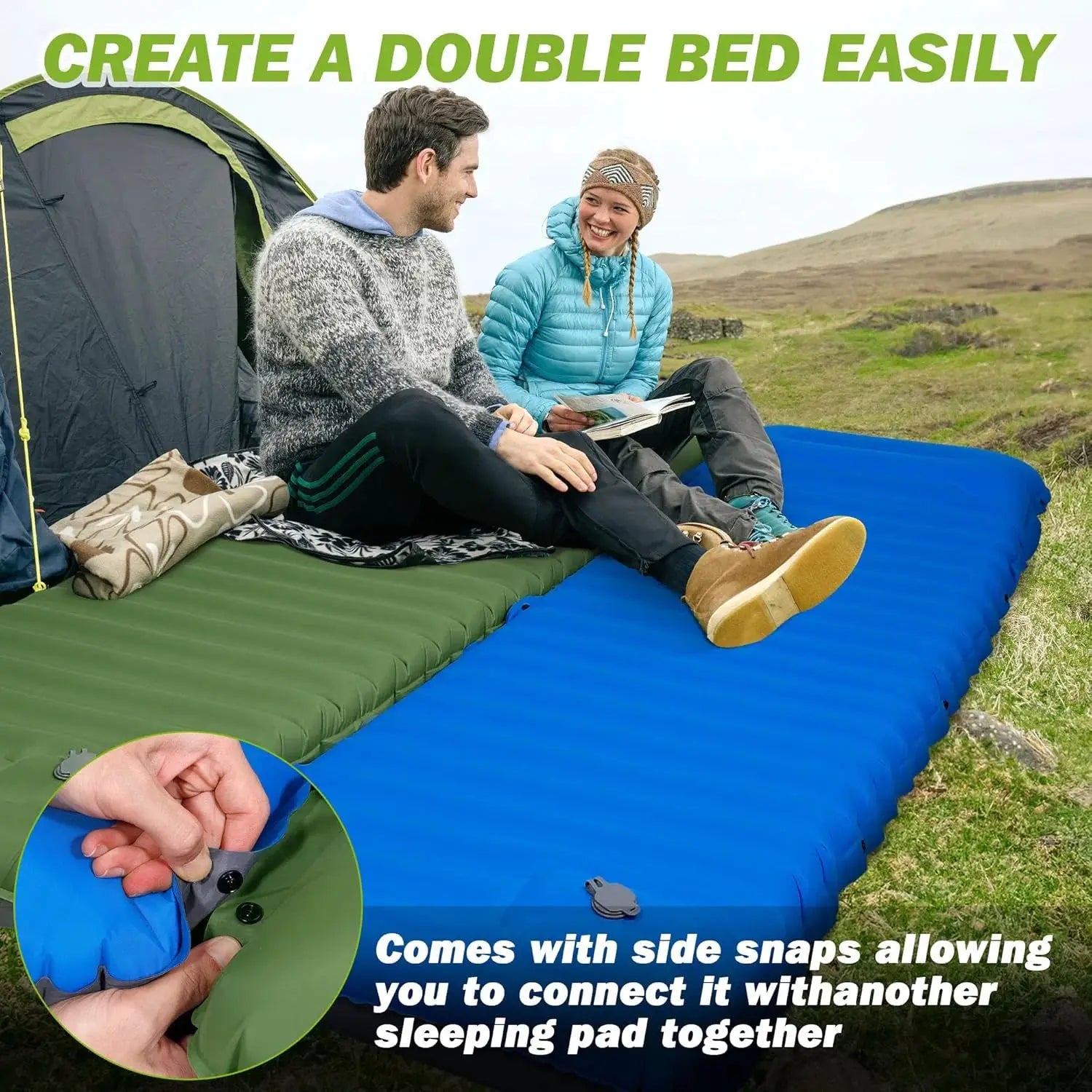 Extra Thick 4-Inch Camping Sleeping Pad; green and blue, with side snaps and valve for connecting pads