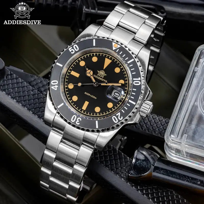 Addiesdive 41mm stainless steel dive watch with black dial, luminous markers, and 200m water resistance