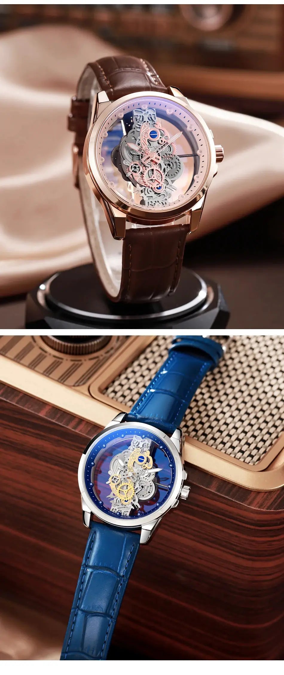 TPW men skeleton automatic quartz watches; gold-tone case with brown leather strap and blue skeleton watch with blue strap