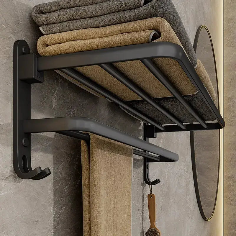 Matte Black 50cm Folding Towel Rack With Hook Wall Mount Aluminum